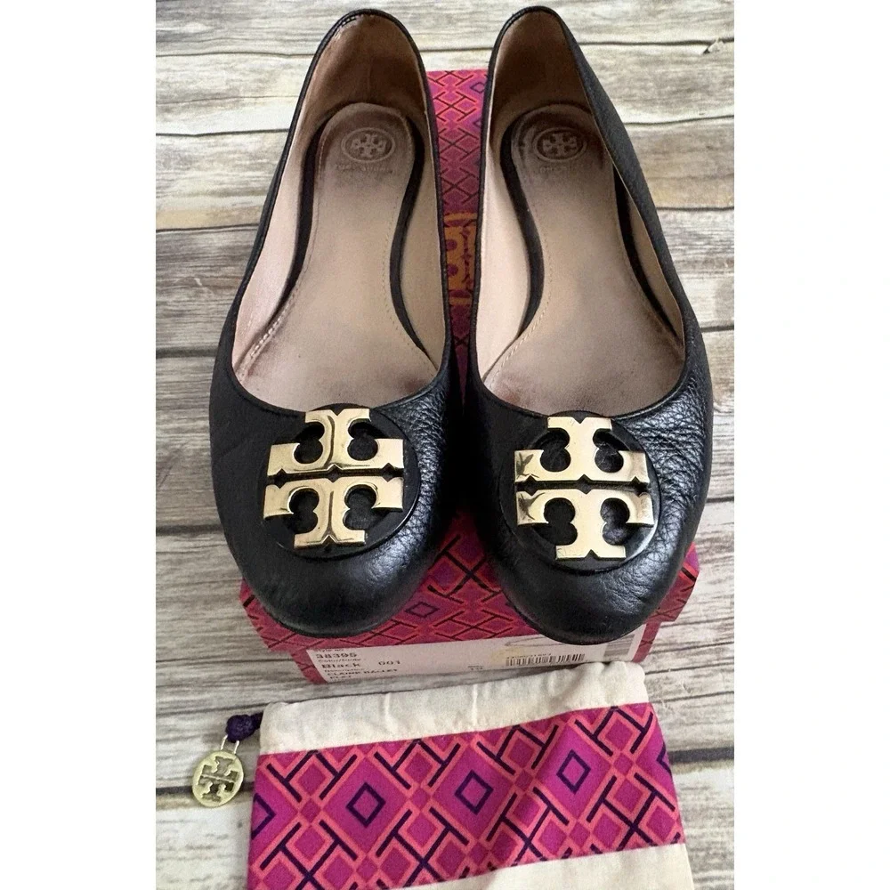 Tory Burch CLAIRE BALLET FLAT Size 10 TUMBLED LEATHER Black